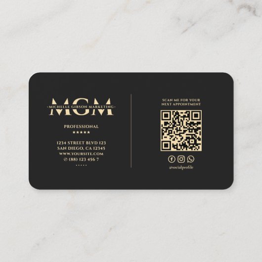 Monogram Professionele Marketing Zwart Faux Goud Visitekaartje (Achterkant)