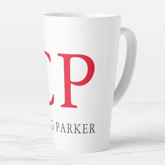 Monogram Professionele platte rode witte Initialen Latte Mok (Rechterhoek)