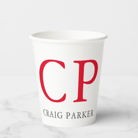 Monogram Professionele platte rode witte Initialen Papieren Bekers (Voorkant)