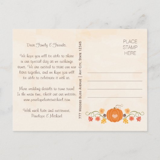 Monogram Pumpkin Fall Wedding Save the Date Aankondigingskaart (Achterkant)