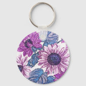 Monogram Purple and Blue Vintage Flower Art Sleutelhanger (Achterkant)