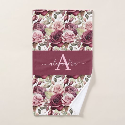 Monogram Purple Burgundy Pink Roses Towel Set Bad Handdoek (Handdoek)