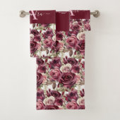 Monogram Purple Burgundy Pink Roses Towel Set Bad Handdoek (Insitu)