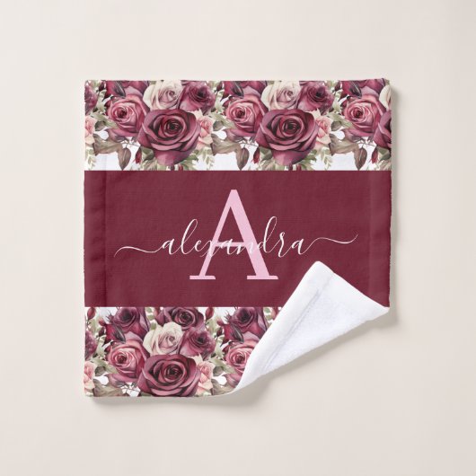 Monogram Purple Burgundy Pink Roses Towel Set Bad Handdoek (Wasdoekje)