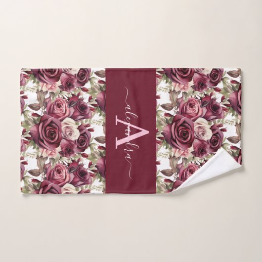 Monogram Purple Burgundy Pink Roses Towel Set Bad Handdoek (Handdoek)