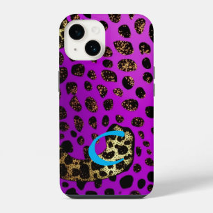 Monogram Purple Luipaard Glitter iPhone 14 Hoesje