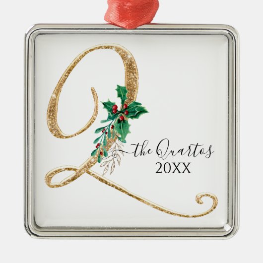 Monogram Q Gold Glitter Kerstmis Holly Foliage Metalen Ornament (Voorkant)