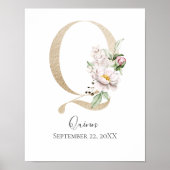 Monogram Q Roze Witte Floral Gold Letter Neursery Poster (Voorkant)