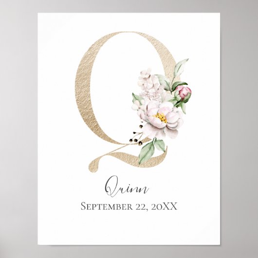 Monogram Q Roze Witte Floral Gold Letter Neursery Poster (Voorkant)