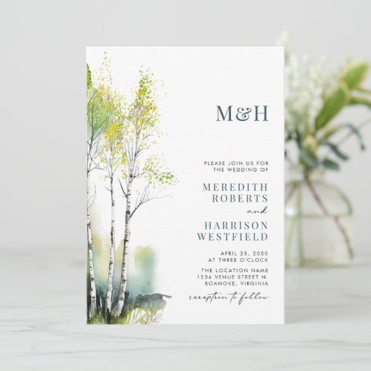 Monogram QR Code Birch Forest Wedland Weddenschap Kaart (Staand voorkant)