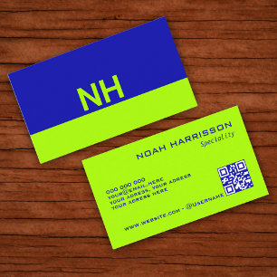 Monogram QR code blauw elektrische limoen minimali Visitekaartje
