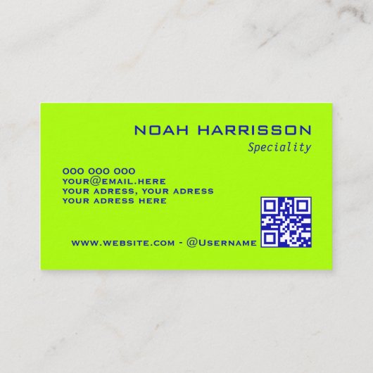 Monogram QR code blauw elektrische limoen minimali Visitekaartje (Achterkant)