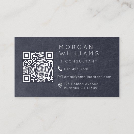 Monogram QR-code Blauw leder Visitekaartje (Achterkant)