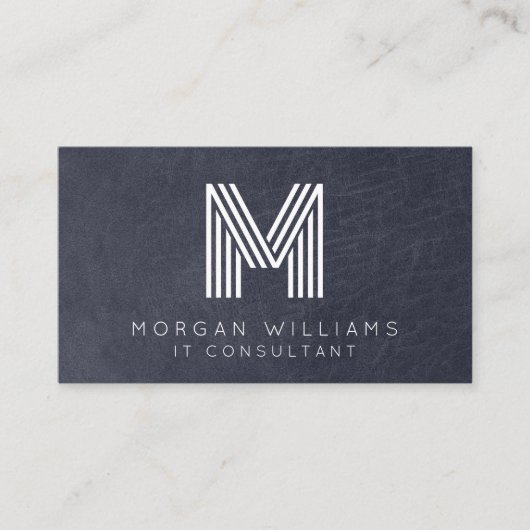 Monogram QR-code Blauw leder Visitekaartje (Voorkant)