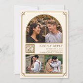 Monogram QR Code Foto Collage Cream Gold Weddensch Kaart (Achterkant)