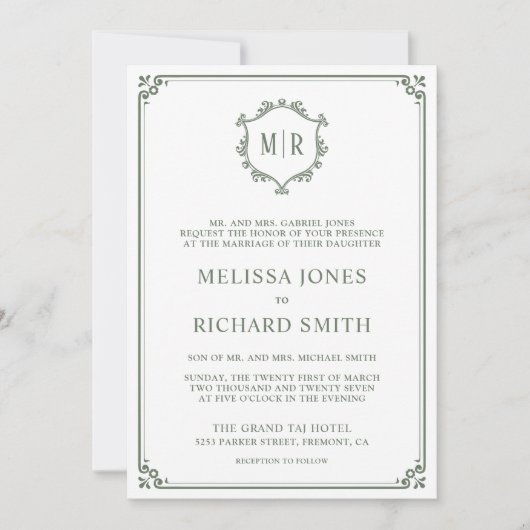 Monogram QR Code Foto Collage Sage Green Weddensch Kaart (Voorkant)