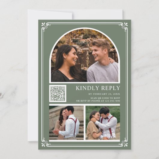 Monogram QR Code Foto Collage Sage Green Weddensch Kaart (Achterkant)