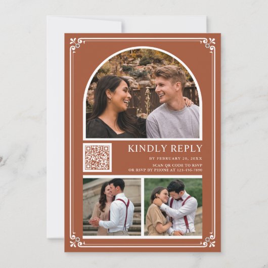 Monogram QR Code Foto Collage Terracotta Weddensch Kaart (Achterkant)