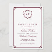 Monogram QR-code fotocollage bordeauxrode trouwkaa Save The Date (Voorkant)