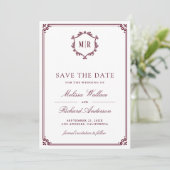 Monogram QR-code fotocollage bordeauxrode trouwkaa Save The Date (Staand voorkant)