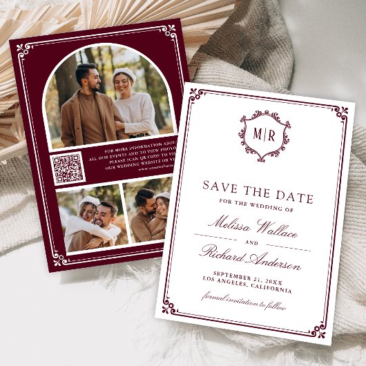Monogram QR-code fotocollage bordeauxrode trouwkaa Save The Date