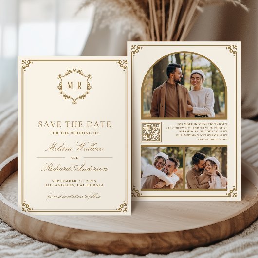 Monogram QR-code fotocollage crèmekleurig goud bru Save The Date