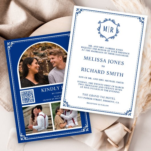 Monogram QR-code fotocollage koninklijk blauwe tro Kaart