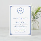 Monogram QR-code fotocollage Koninklijk blauwe tro Save The Date (Staand voorkant)