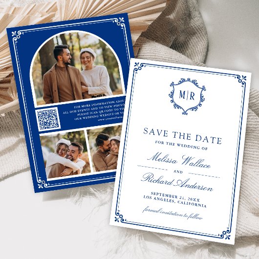Monogram QR-code fotocollage Koninklijk blauwe tro Save The Date