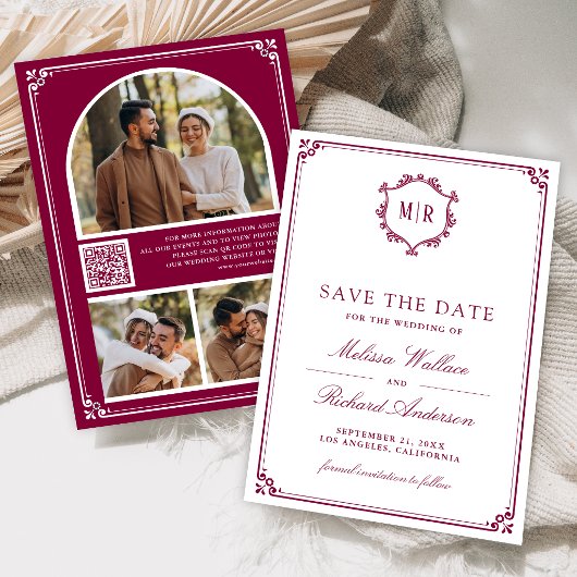 Monogram QR-code fotocollage Magenta bruiloft Save The Date