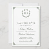 Monogram QR-code fotocollage saliegroen trouwen Save The Date (Voorkant)