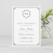 Monogram QR-code fotocollage saliegroen trouwen Save The Date (Staand voorkant)