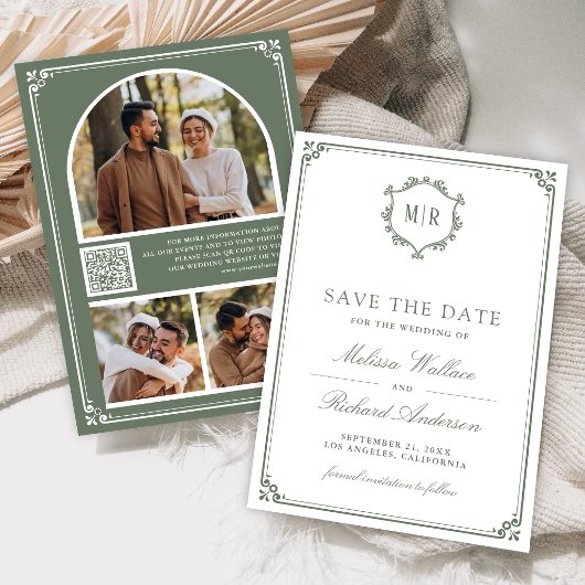 Monogram QR-code fotocollage saliegroen trouwen Save The Date