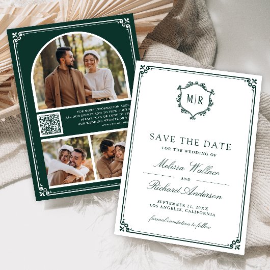 Monogram QR-code fotocollage smaragdgroene trouw  Save The Date