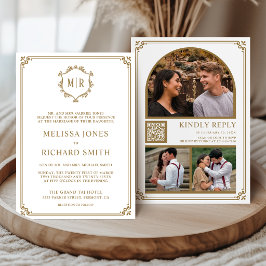 Monogram QR-code fotocollage wit goud bruiloft Kaart
