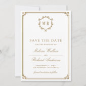 Monogram QR-code fotocollage wit goud bruiloft Save The Date (Voorkant)
