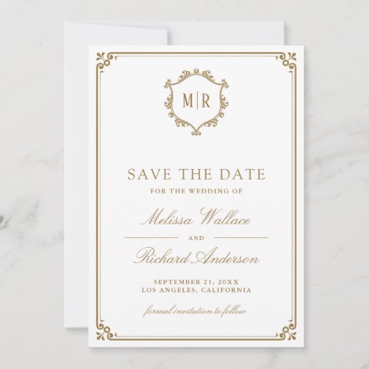 Monogram QR-code fotocollage wit goud bruiloft Save The Date (Voorkant)