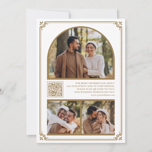 Monogram QR-code fotocollage wit goud bruiloft Save The Date (Achterkant)