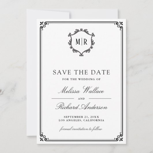 Monogram QR-code fotocollage Wit Zwart Bruiloft Save The Date (Voorkant)