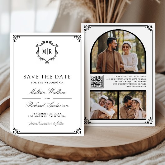 Monogram QR-code fotocollage Wit Zwart Bruiloft Save The Date