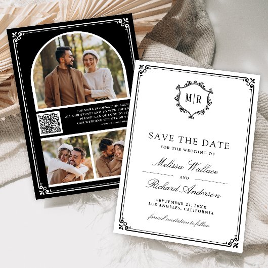 Monogram QR-code fotocollage zwarte trouw Save The Date