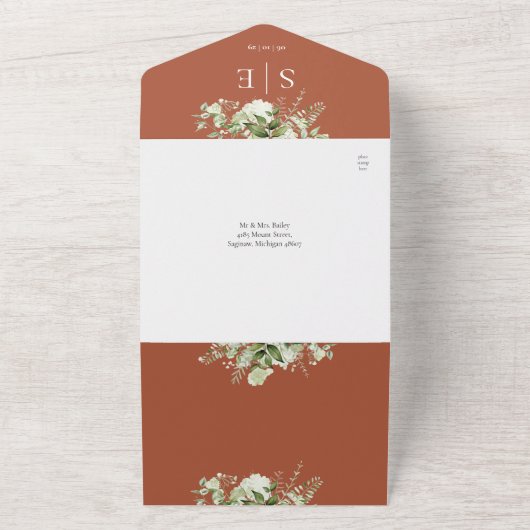 Monogram QR-code groen terracotta bruiloft All In One Uitnodiging (Buitenkant)