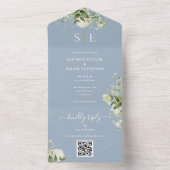 Monogram QR Code Groene Planten Stofblauw Bruiloft All In One Uitnodiging (Binnen)