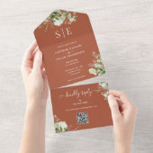 Monogram QR Code Groenery Terracotta Bruiloft All In One Uitnodiging (Afscheurbaar)