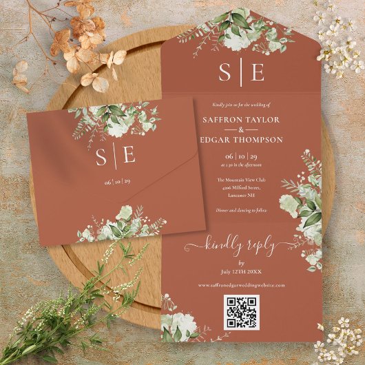 Monogram QR Code Groenery Terracotta Bruiloft All In One Uitnodiging