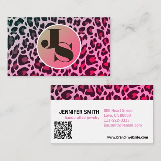 Monogram QR Code Leopard Print Rockabilly Pink Visitekaartje (Voorkant / Achterkant)