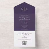 Monogram QR-code Paars en Goud Bruiloft All In One Uitnodiging (Binnen)
