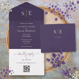 Monogram QR-code paarse en gouden trouwkaart All In One Uitnodiging
