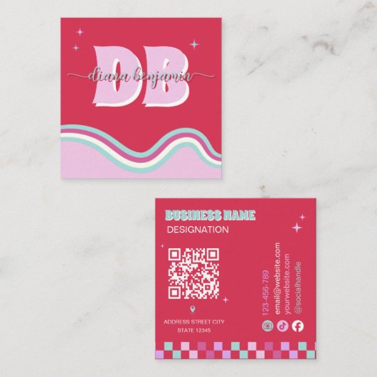 Monogram Qr Code Rood Roze Retro Vierkante Visitekaartje (Voorkant / Achterkant)
