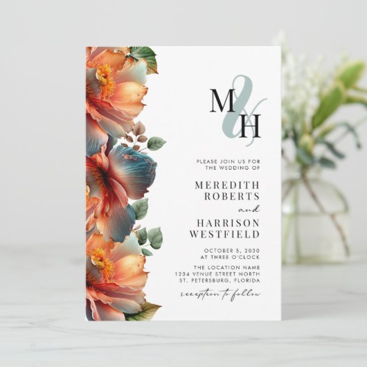 Monogram QR Code RSVP Herfst Floral herfst bruilof Kaart (Staand voorkant)